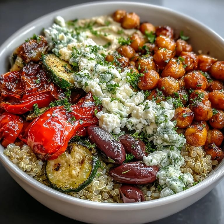 Close-up of a Mediterranean Buddha Bowl showing fluffy quinoa, Kalamata olives, fresh parsley, and a drizzle of Greek yogurt.