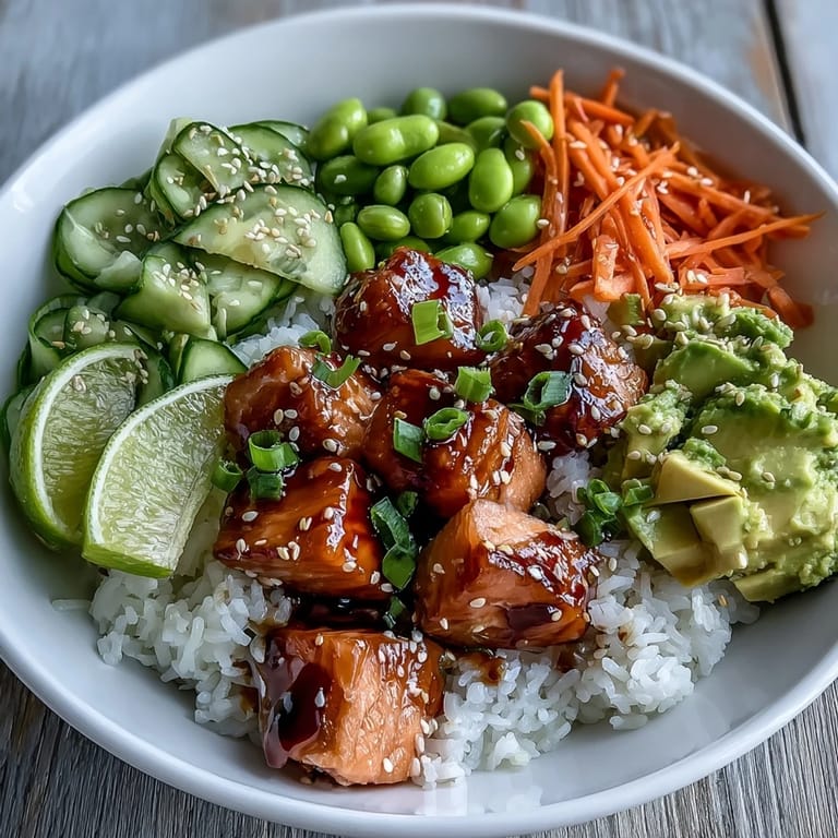 Golden broiled salmon and colorful fresh veggies create a hearty, healthy Baked Salmon Rice Bowl served with lime wedges.
