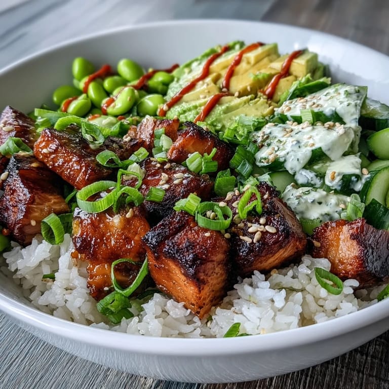 A plated Salmon Rice Bowl showcases crisp cucumber, creamy avocado, and a drizzle of spicy sriracha mayo.