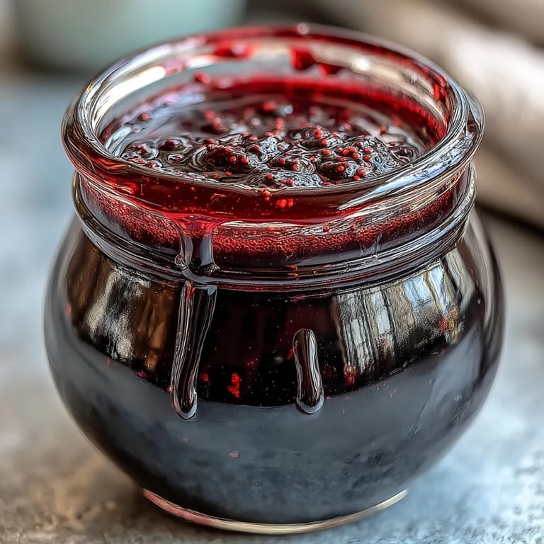 Homemade Black Currant Syrup in a clear glass jar with fresh berries nearby, perfect for mixing into summer cocktails.