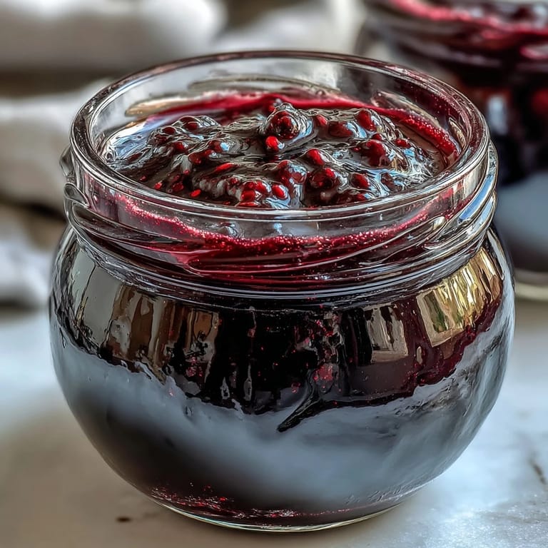 Bright purple Black Currant Jelly glistens in a glass jar, its rich color highlighting the preserve's ripe fruit texture.