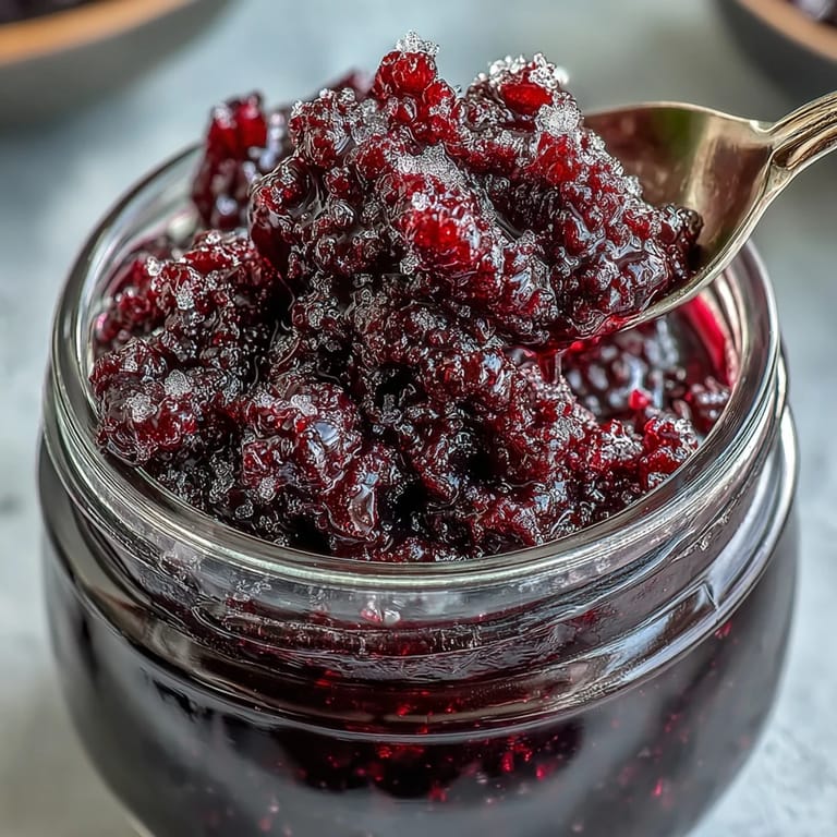 A mason jar filled with Easy Blackcurrant Liqueur steeping amid dark berries and sugar.