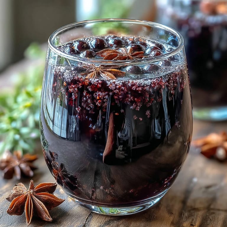 A mason jar filled with Homemade Spiced Blackcurrant Vodka Liqueur, featuring berries and whole spices steeping in vodka on a rustic wooden table.