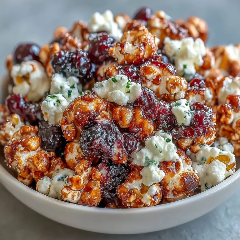 Warm gourmet popcorn tossed with black currant and cream cheese dust for a sweet snack.