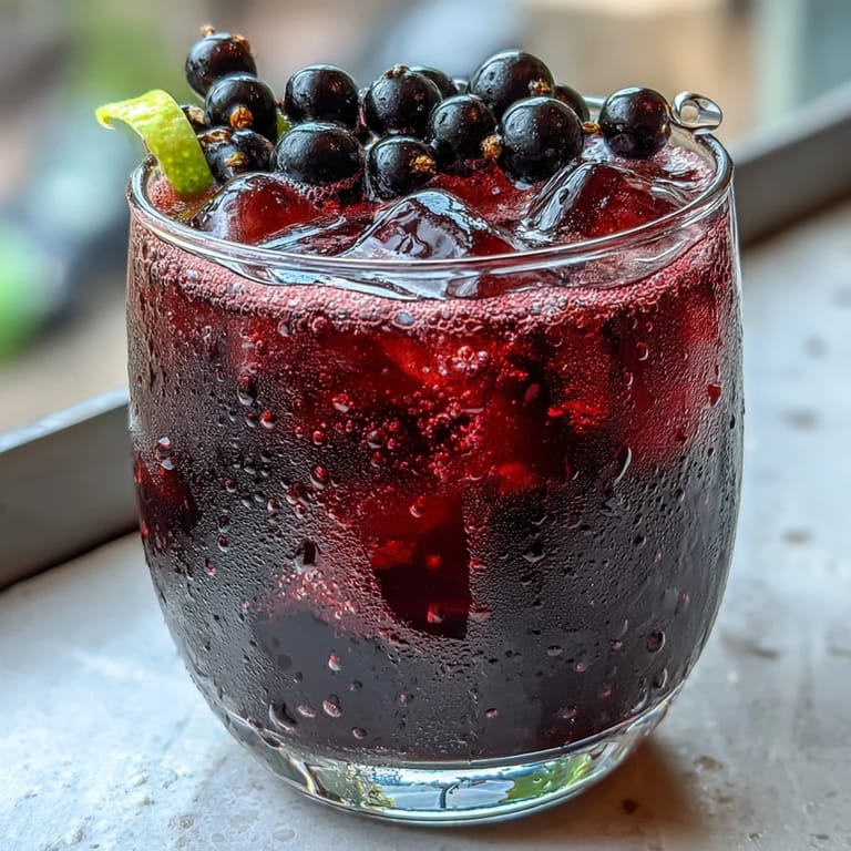 Chilled glass of homemade black currant shrub with vibrant berry hue, perfect for crafting delicious craft cocktails.