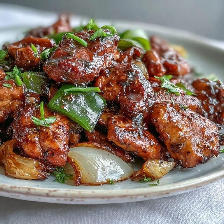 Sizzling Black Pepper Chicken in a wok, tossed with onions and coated in a glossy, savory sauce.