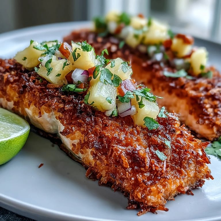A close-up of crispy coconut crusted salmon with vibrant pineapple salsa on a white plate.