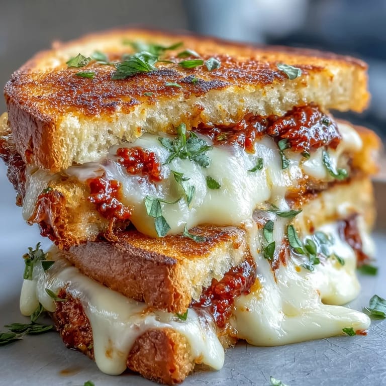 Sizzling skillet of Sun-Dried Tomato Pesto Grilled Cheese, with golden crust and fresh basil garnish for serving.
