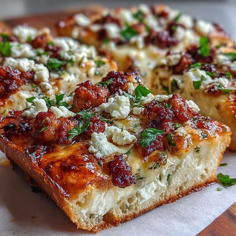 Perfectly baked Hot Sausage Feta Honey Pizza slice lifted to reveal a crispy, golden crust and bubbly mozzarella cheese topping.