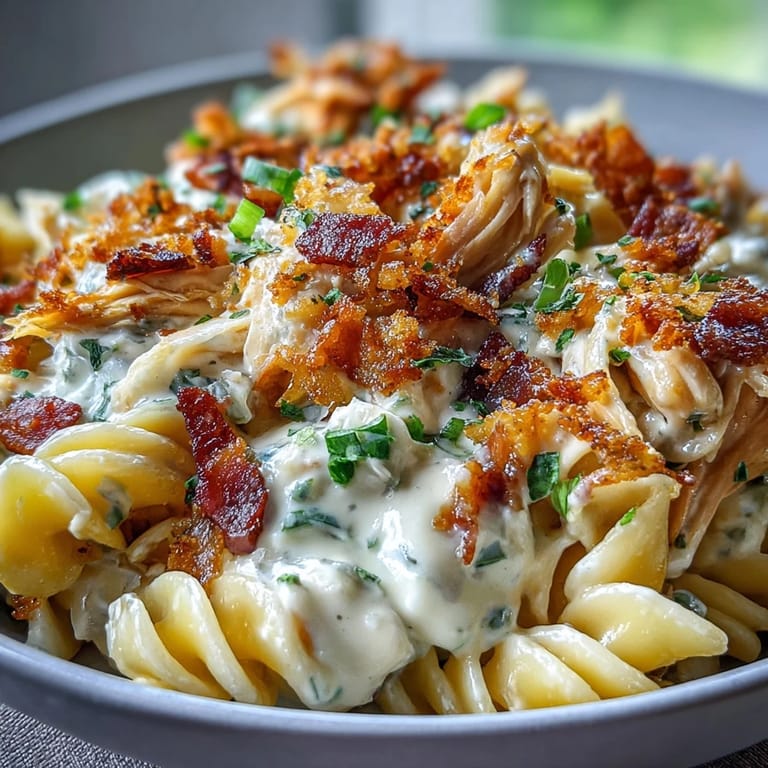 A close-up of creamy jalapeño popper chicken pasta topped with bacon crumbles, fresh jalapeño slices, and toasted panko.