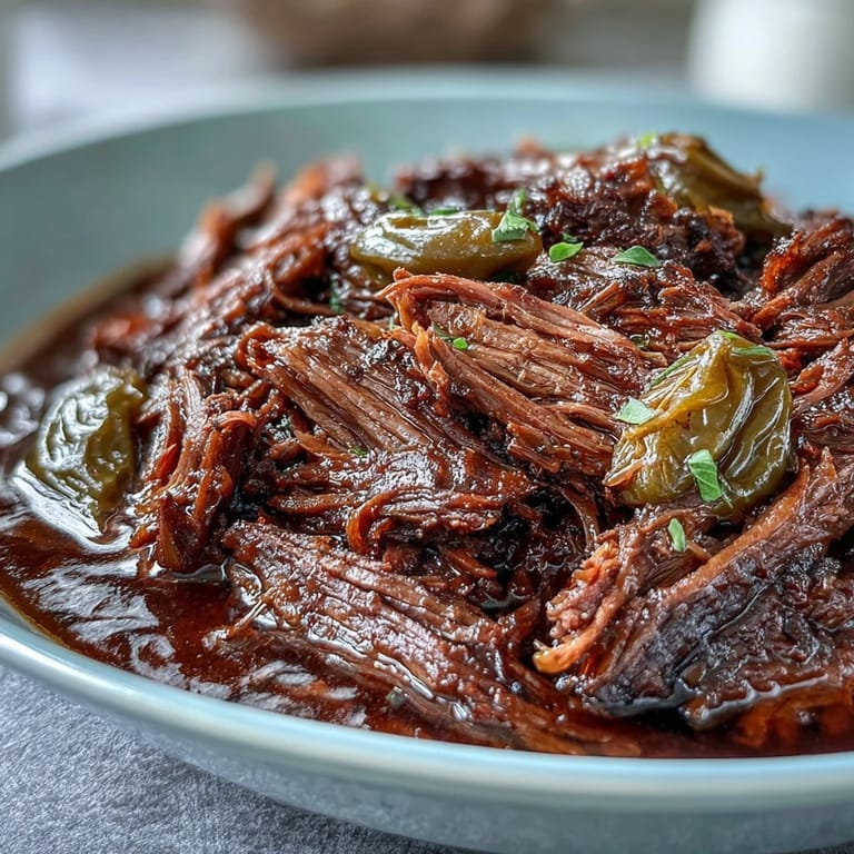 Slow Cooker Mississippi-Style Ranch Beef, juicy and buttery, spooned generously over creamy mashed potatoes on a rustic plate.