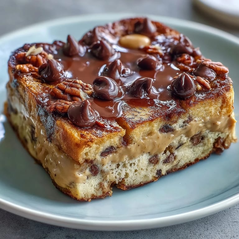 Sliced squares of High-Protein Peanut Butter & Chocolate Baked French Toast served on a white plate, ready for a protein-packed brunch.