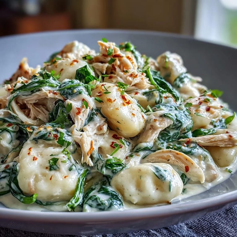 A close-up view of the Creamy Spinach & Parmesan Gnocchi with Chicken highlights the tender gnocchi coated in a rich, garlicky Parmesan cream sauce.