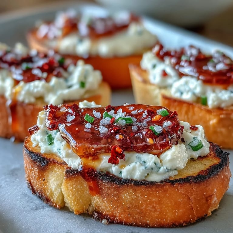 Crisp, warm bruschetta featuring whipped ricotta, spicy honey glaze, and chili crunch, arranged on a rustic wooden serving board.  