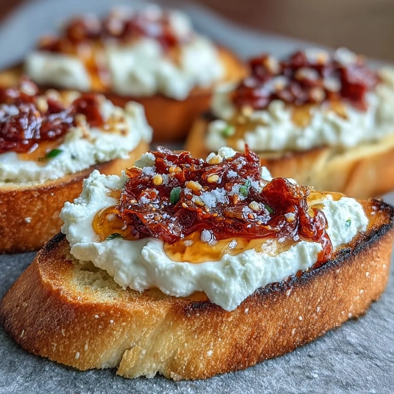 A close-up of Hot Honey Ricotta Bruschetta with glossy honey drizzle and fresh basil leaves on creamy ricotta.