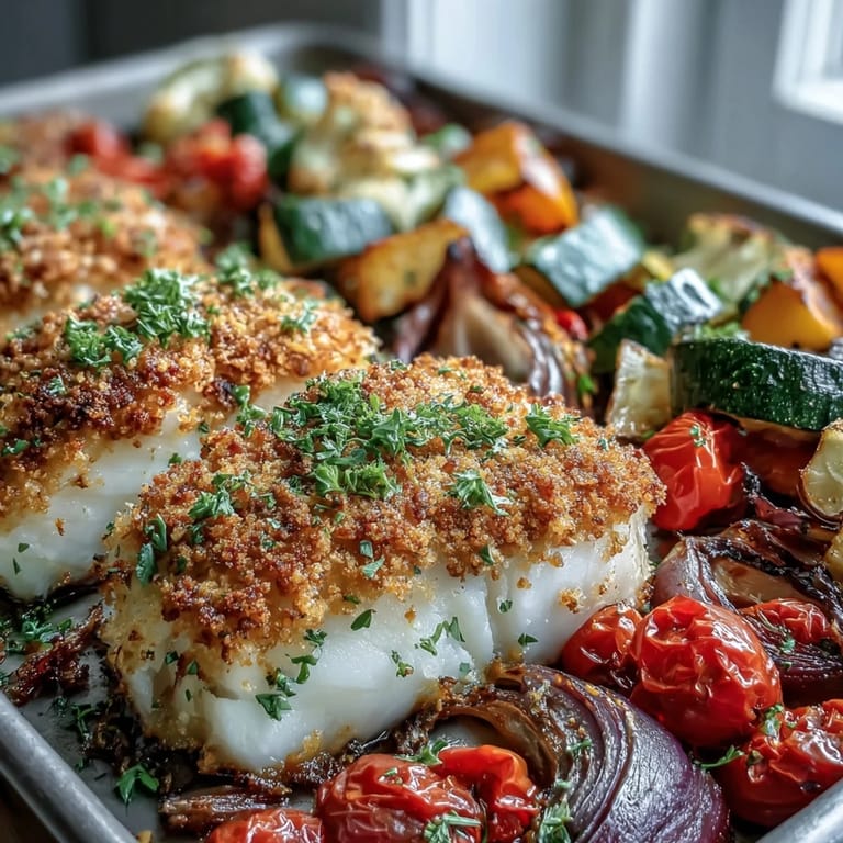 Crispy cod fillets with panko and Asiago cheese on a sheet pan with colorful roasted vegetables.