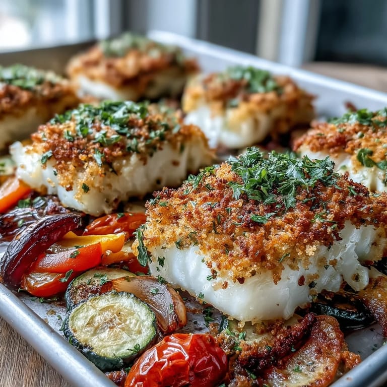 Serving suggestion of Parmesan Crusted Sheet Pan Fish & Veg plated with lemon wedges and parsley.