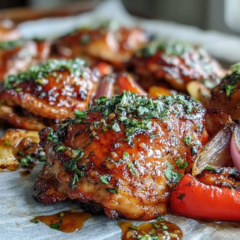 Family-style dinner of Sheet Pan Honey Garlic Chicken & Naan, with juicy thighs, roasted vegetables, and garlic naan bread ready for a flavorful weeknight meal.