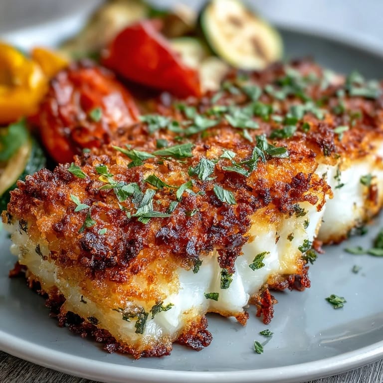 Crispy Asiago-parmesan-panko coated cod filets baked on a sheet pan alongside tender roasted cherry tomatoes and red onion wedges.