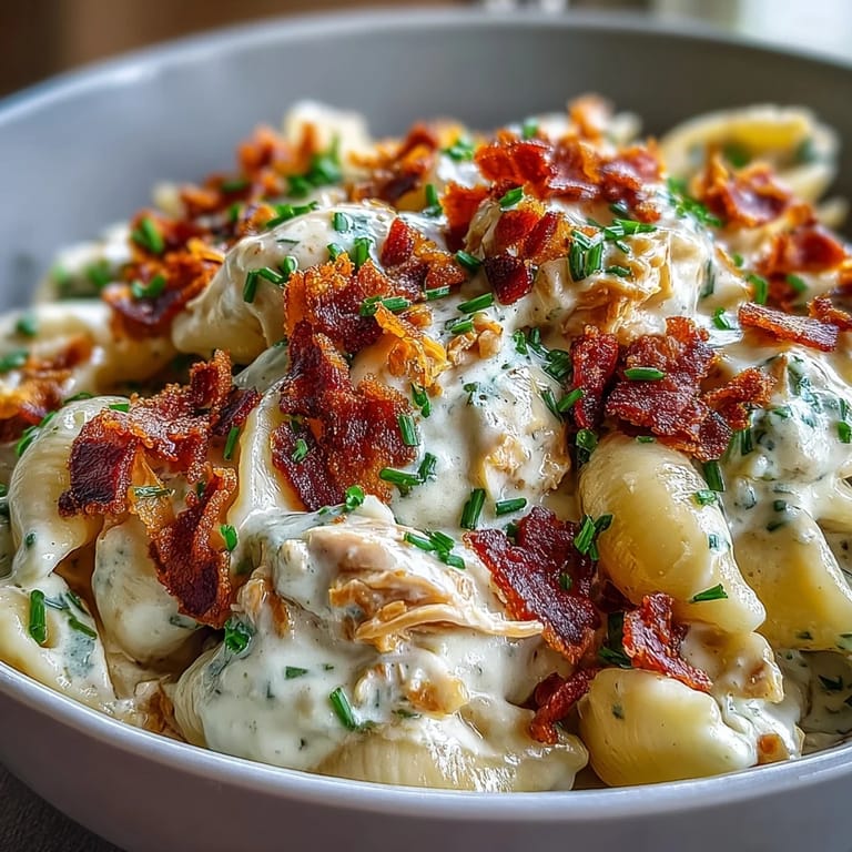 A skillet of Creamy Jalapeño Popper Chicken Pasta garnished with bacon crumbles and Monterey Jack, ready for a comforting meal.