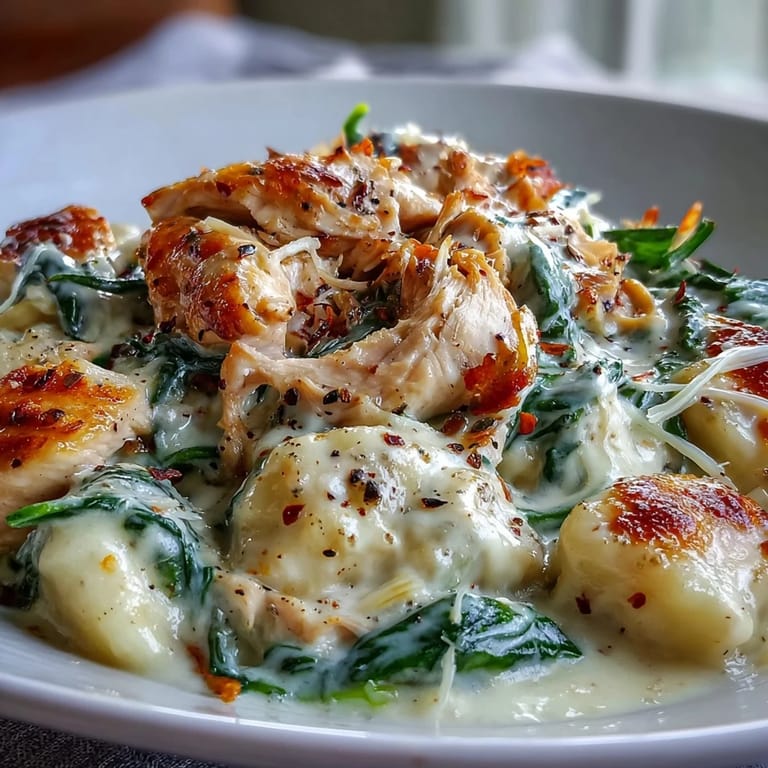 A skillet of Creamy Spinach & Parmesan Gnocchi with Chicken featuring wilted greens and melted cheese.
