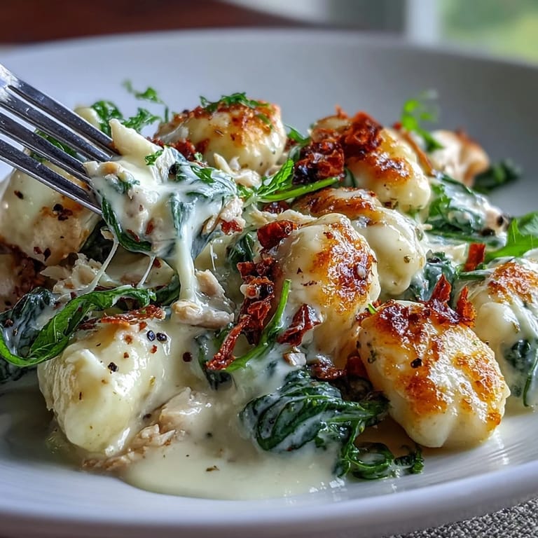 Dinner plated Creamy Spinach & Parmesan Gnocchi with Chicken, garnished with fresh parsley and extra Parmesan.