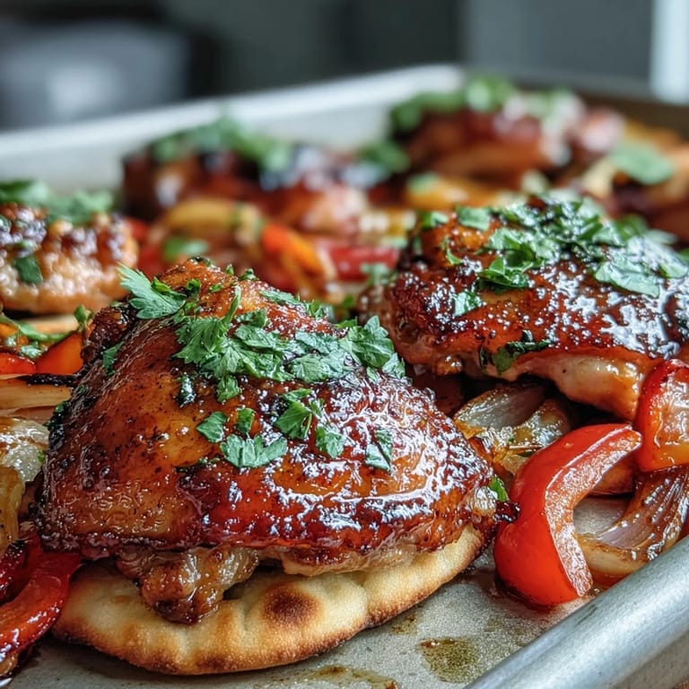 Garlic naan and golden roasted vegetables accompany tender chicken in a sweet, savory honey garlic glaze on a sheet pan.