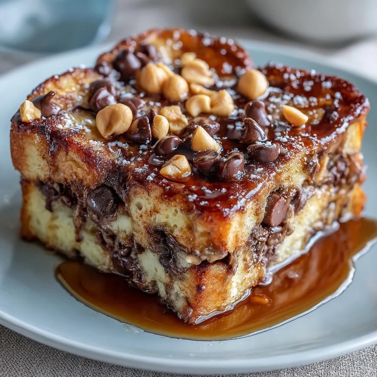 This baked breakfast casserole features chocolate-scented cubes of bread and a generous peanut butter topping.