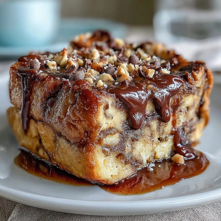 Serve this High-Protein Peanut Butter & Chocolate Baked French Toast warm with fresh berries for a sweet brunch.