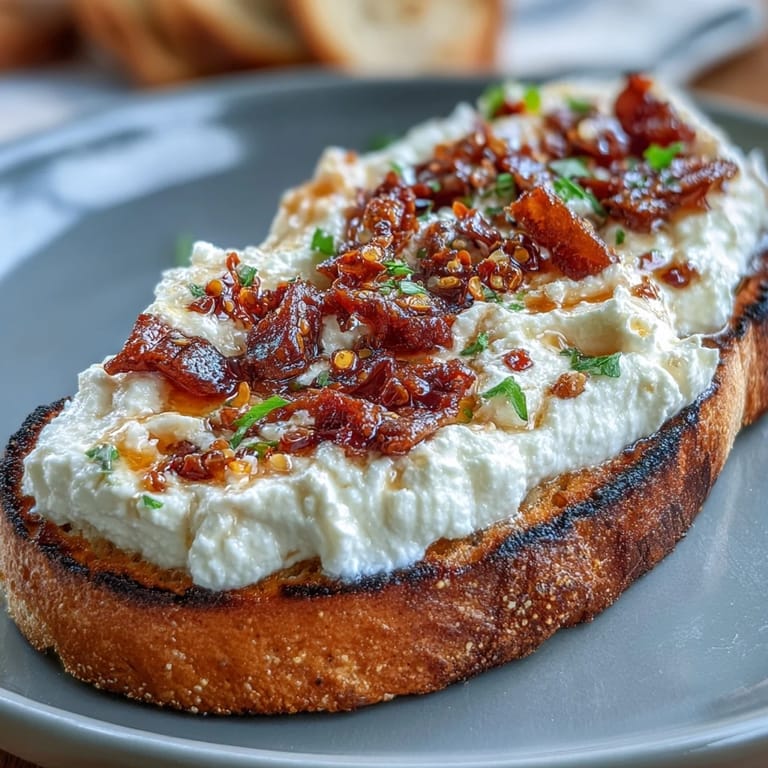 Whipped ricotta spread on crispy bread, finished with a drizzle of warm spicy honey.