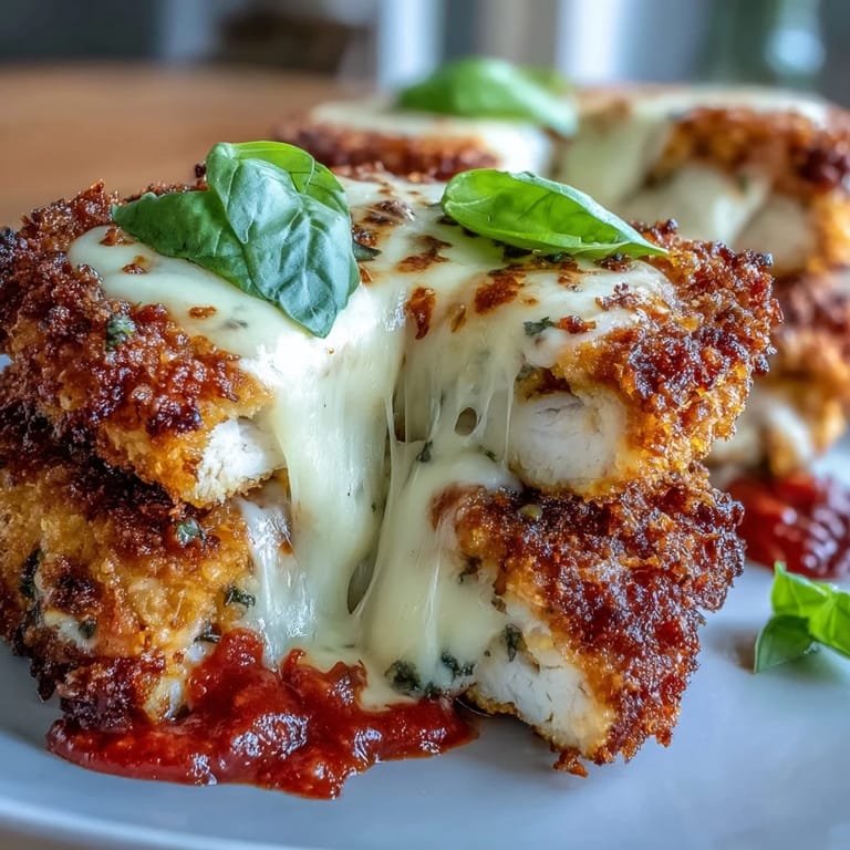Baked Crispy Tofu Chicken Parm Bakes topped with rich marinara sauce and fresh basil on a rustic plate.