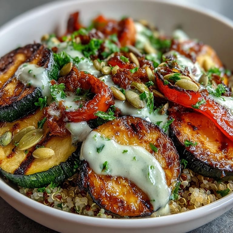 A close-up shows charred vegetables and toasted pumpkin seeds on Grilled Veggie and Quinoa Power Bowls with Tahini Drizzle.