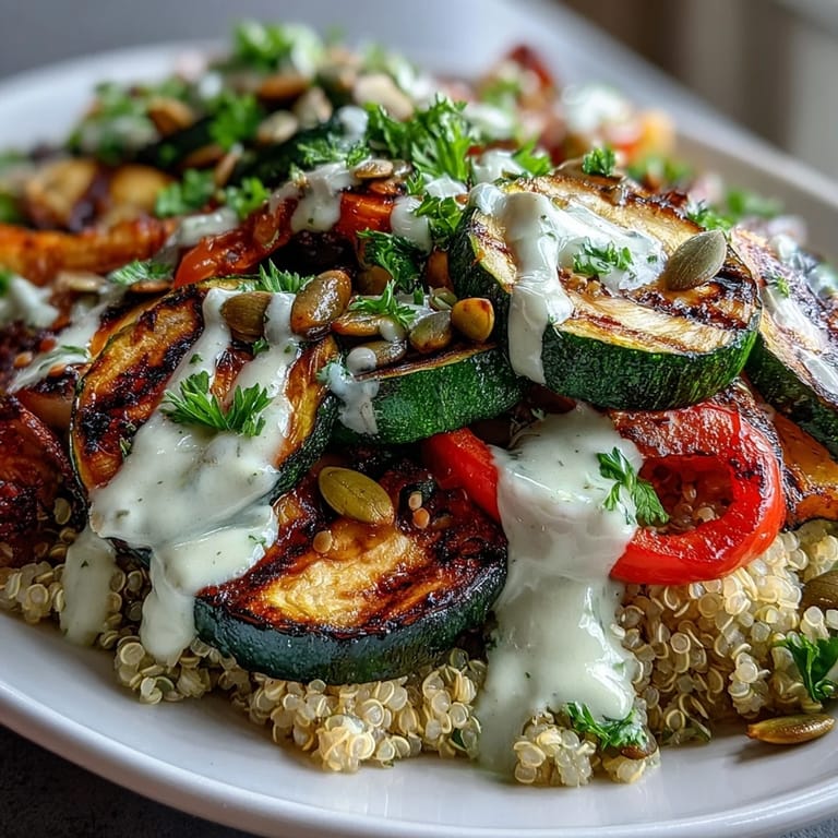 Neatly arranged Mediterranean-style bowl of quinoa, warm grilled vegetables, and a generous swirl of lemony tahini sauce.