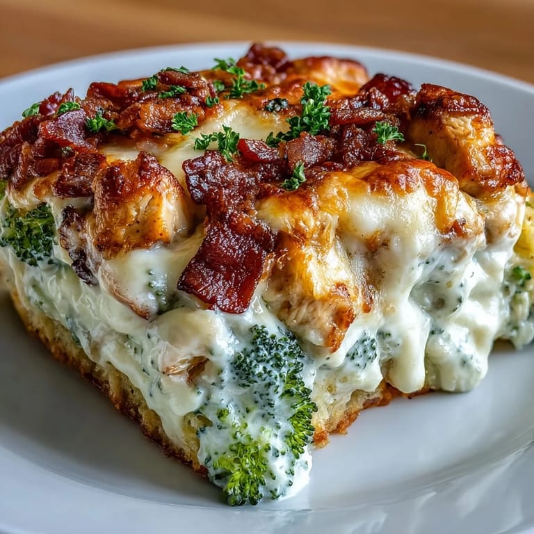 A serving spoon lifts a creamy portion of Keto Creamy Chicken and Broccoli Casserole, revealing tender chicken and broccoli.