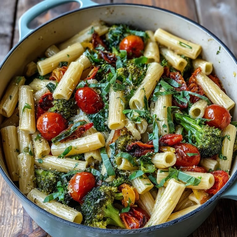 A steaming bowl of Vegan One-Pot Pasta Primavera with Lemon and Basil, topped with nutritional yeast and basil.