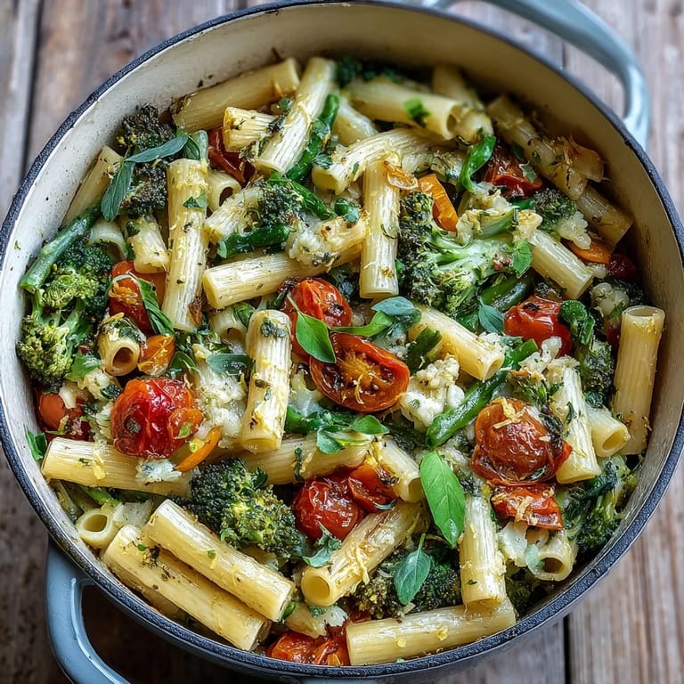 Colorful vegetables and al dente pasta coated in a light, glossy sauce in a white ceramic bowl.