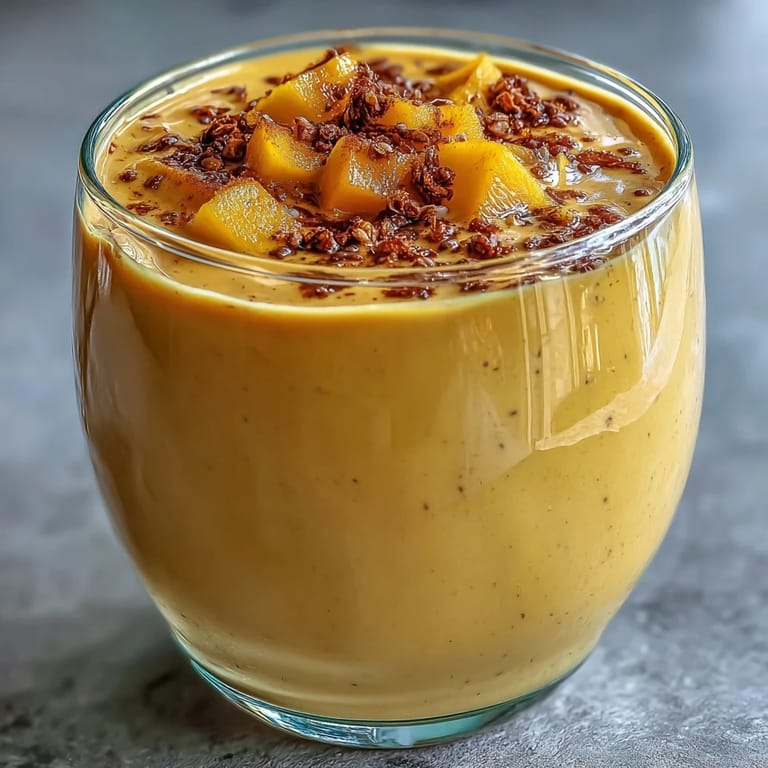 Healthy Vegan Mango Turmeric Golden Milk Smoothie served with a straw, showing a vibrant golden hue.