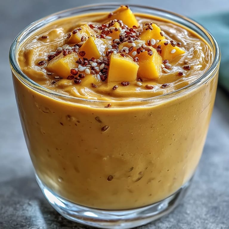 Close-up of Vegan Mango Turmeric Golden Milk Smoothie topped with cinnamon, ready for a nourishing snack.