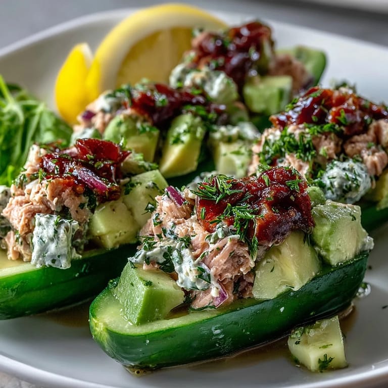 Plump cucumbers stuffed with savory tuna and creamy avocado salad for a quick low-carb lunch.