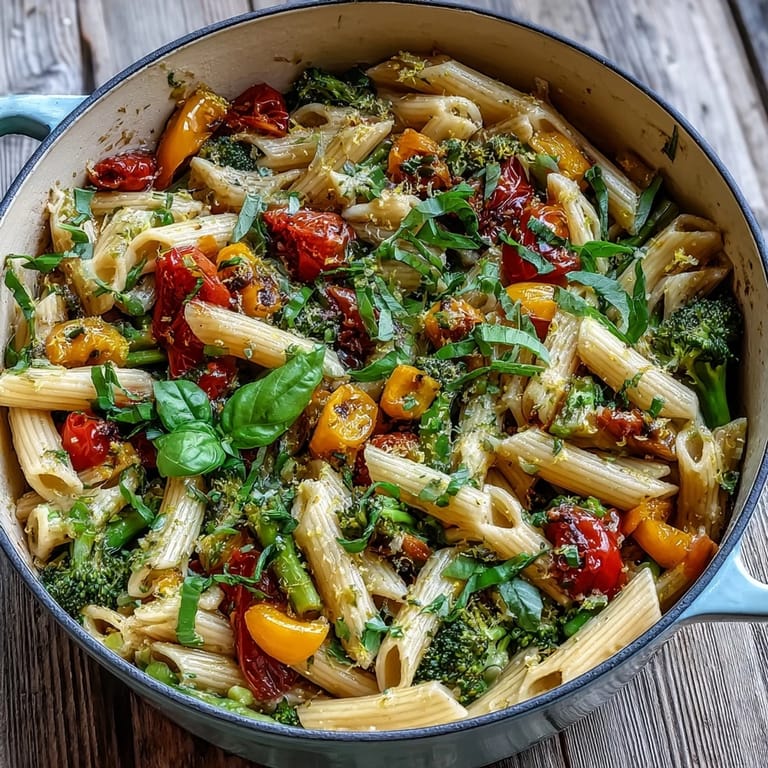 Colorful vegetables and al dente pasta coated in a light, glossy sauce in a white ceramic bowl.