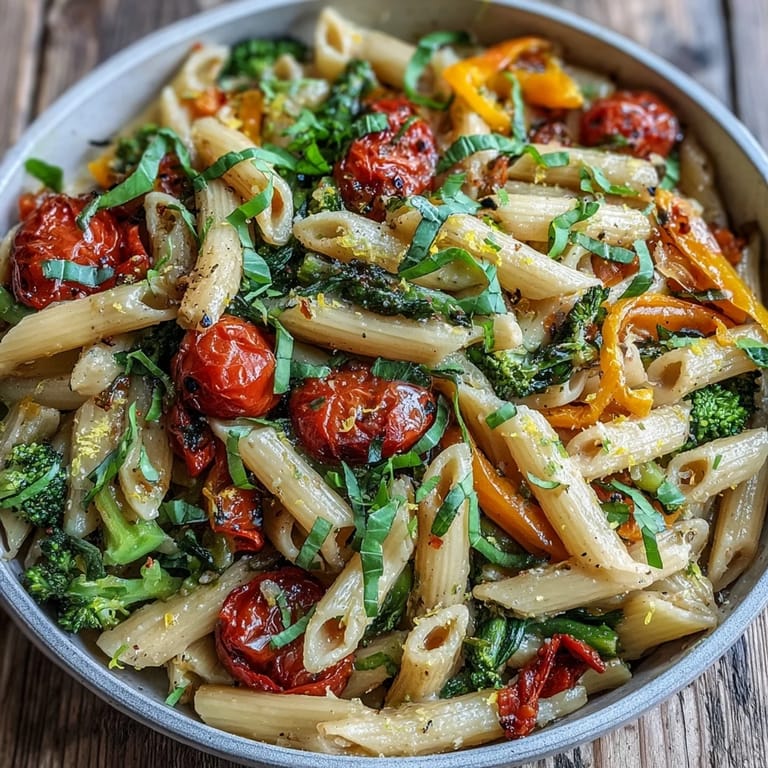 A steaming bowl of Vegan One-Pot Pasta Primavera with Lemon and Basil, topped with nutritional yeast and basil.