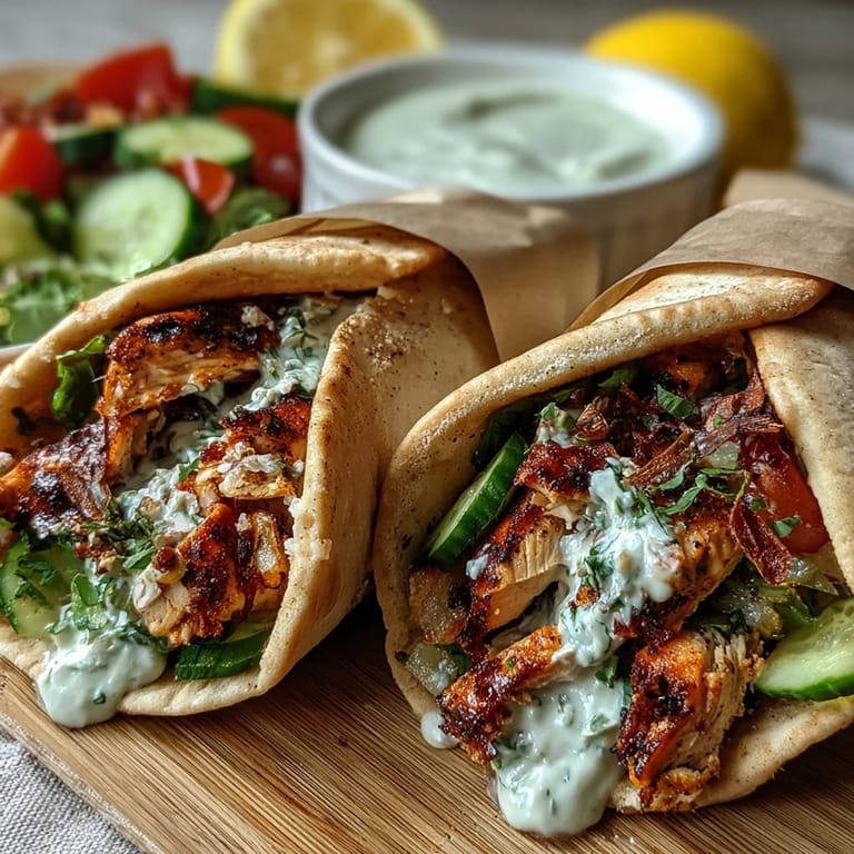 Grilled chicken slices in warm pita pockets with fresh cucumber tomato salad and tangy dill yogurt sauce. Quick and nutritious Greek recipe.