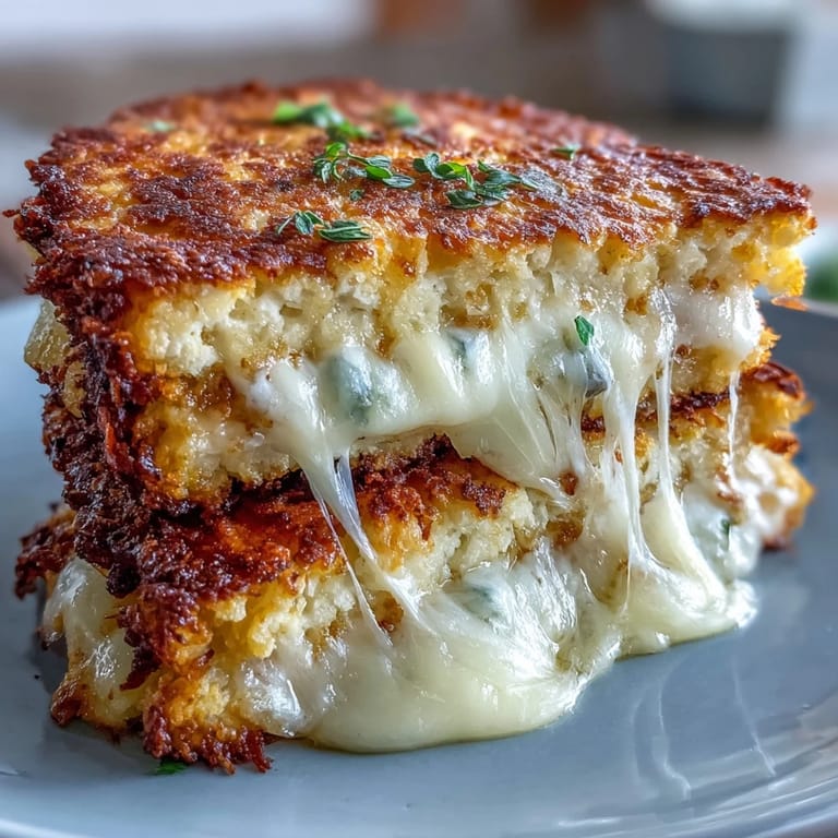Savory keto cauliflower bread grilled cheese sandwich with melty cheese between golden, gluten-free cauliflower slices.