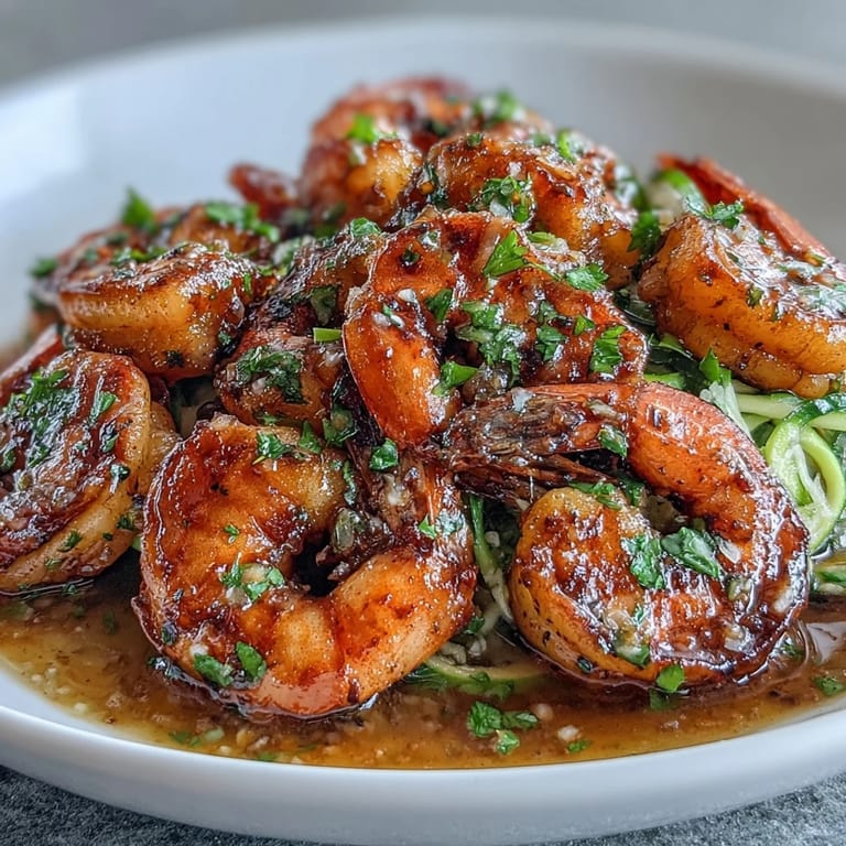 Flavorful keto garlic butter shrimp served atop fresh zucchini noodles, garnished with parsley and optional Parmesan for a low-carb dinner.