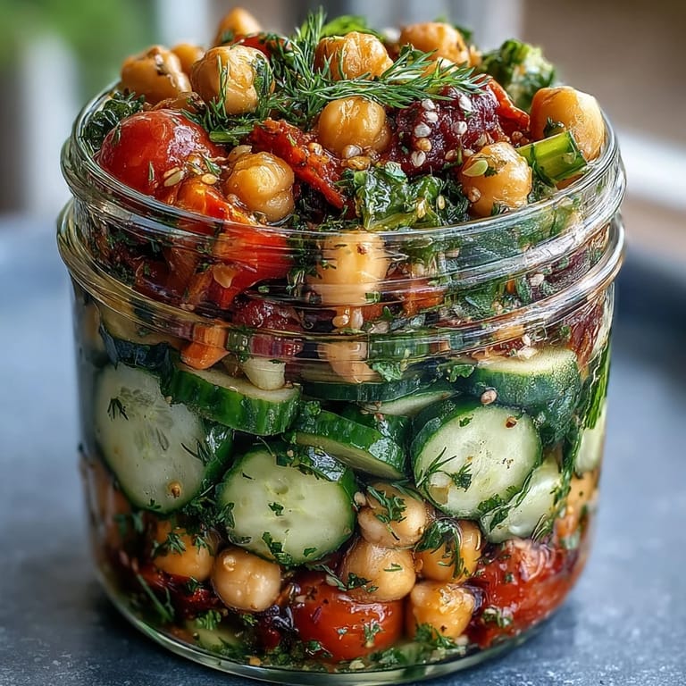 Colorful salad jars featuring crunchy chickpeas, bright citrus flavors, and garden-fresh herbs, perfect for refreshing, weight-loss-friendly lunches.