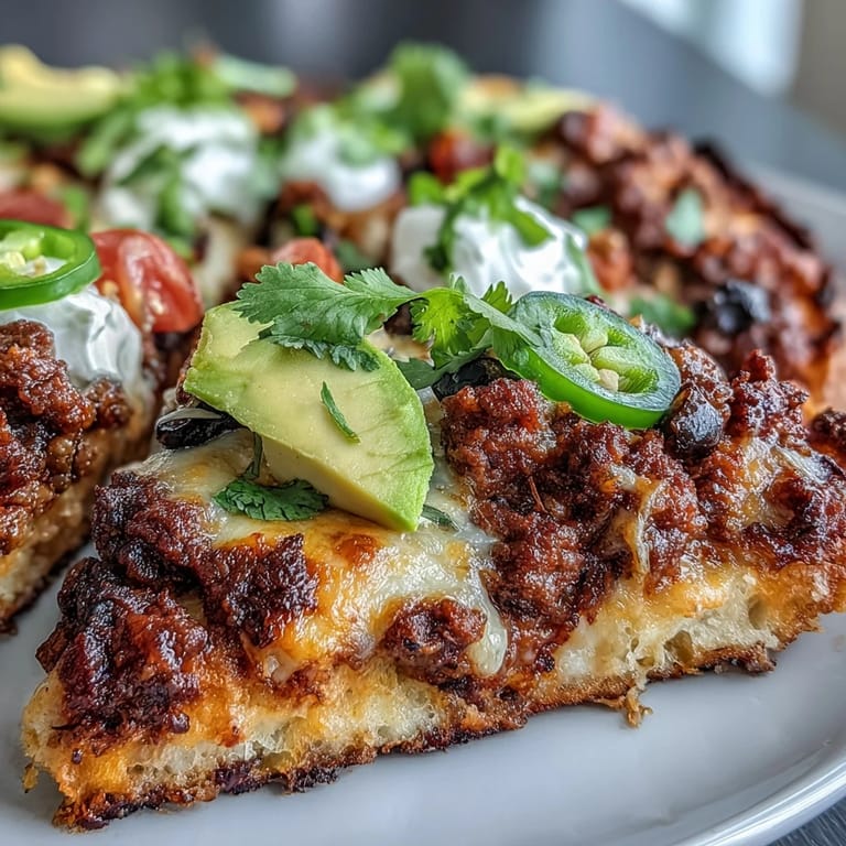 Crispy cheese-based taco pizza topped with avocado, lettuce, sour cream, and jalapeño slices.