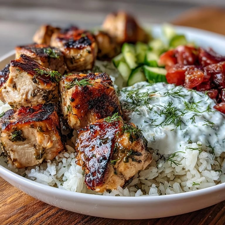 Healthy Mediterranean-inspired chicken souvlaki bowls topped with homemade tzatziki, colorful veggies, and optional feta cheese.  