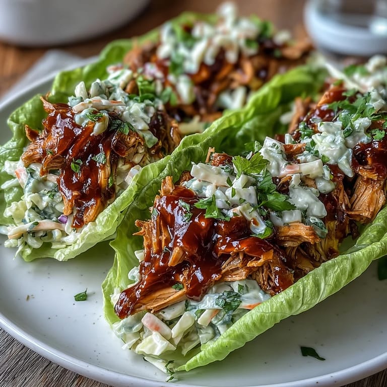 2. Crispy lettuce tacos filled with smoky BBQ jackfruit and topped with vibrant creamy slaw for a fresh vegan twist.  