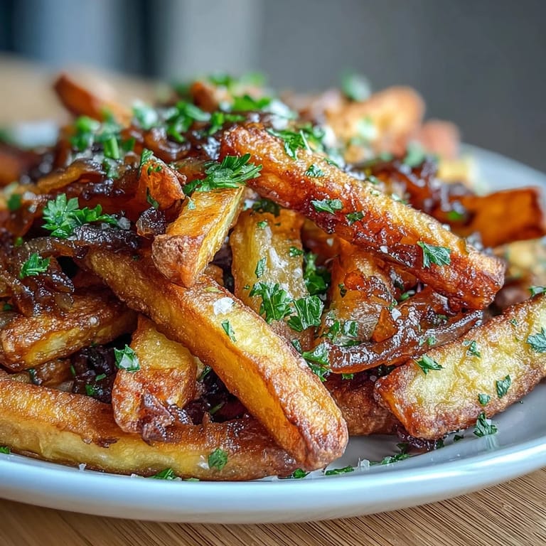Oven-baked russet potato wedges infused with smoky paprika and drizzled with fragrant onion-garlic butter sauce.  