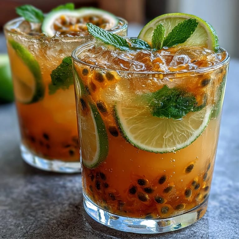 Vibrant passionfruit rum cocktail featuring muddled mint and lime, topped with sparkling water and garnished with fresh mint sprigs for a refreshing summer drink.